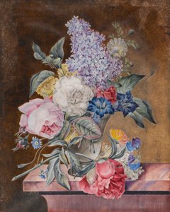 大理石の棚にあるバラとライラックを含む花瓶の花、1841年（ベラムのトイレットとボディカラー）